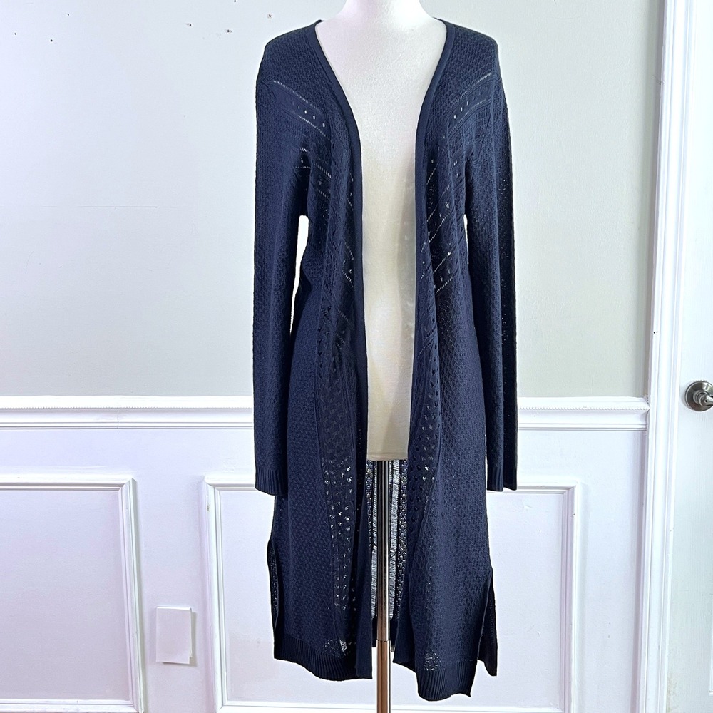 KIKIT Longline Cardigan Large Womens Pointelle Open Knit Navy Blue Duster SB5606